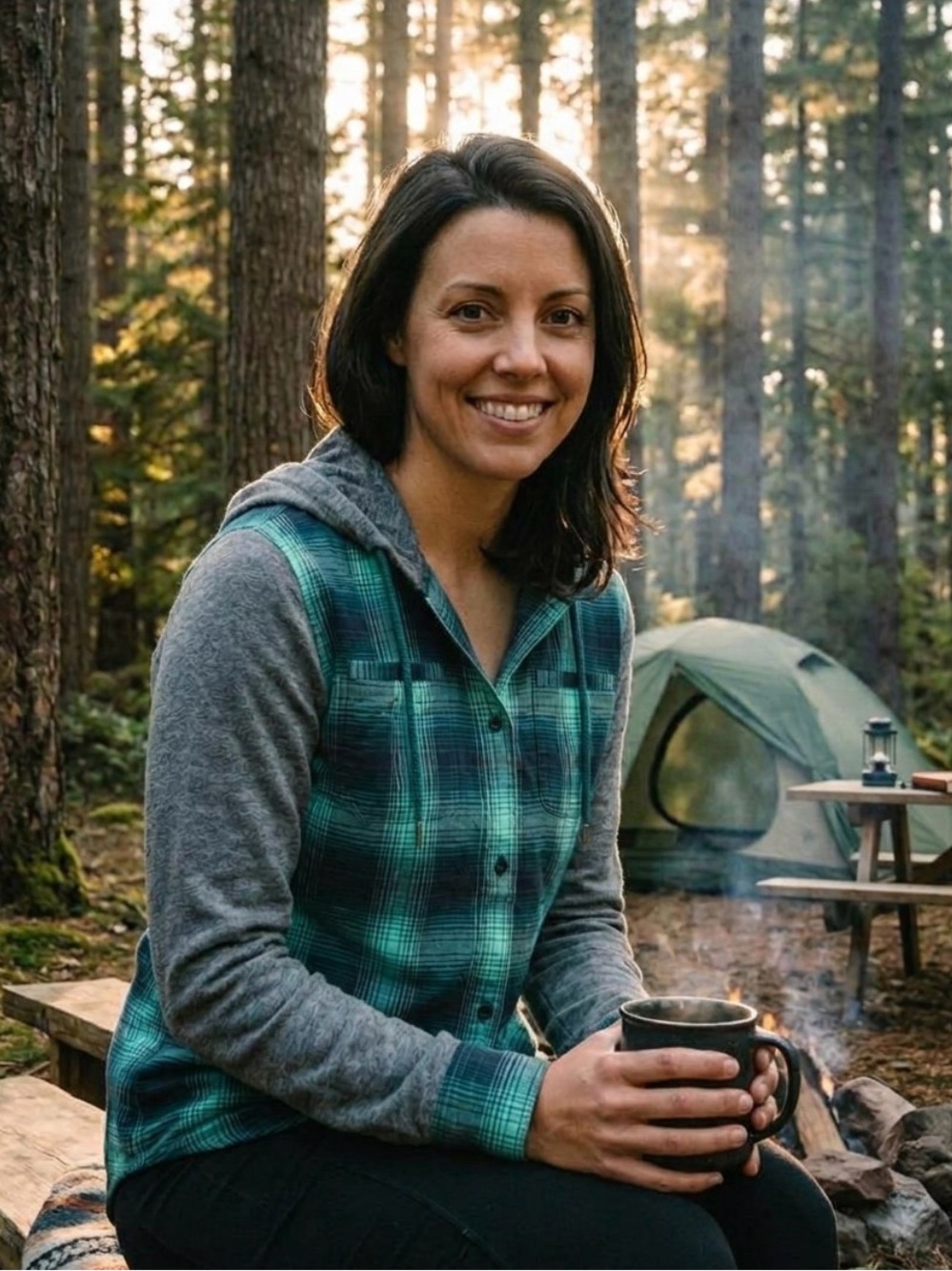 The North Face Teal and Gray Plaid Hooded Button-Down Shirt